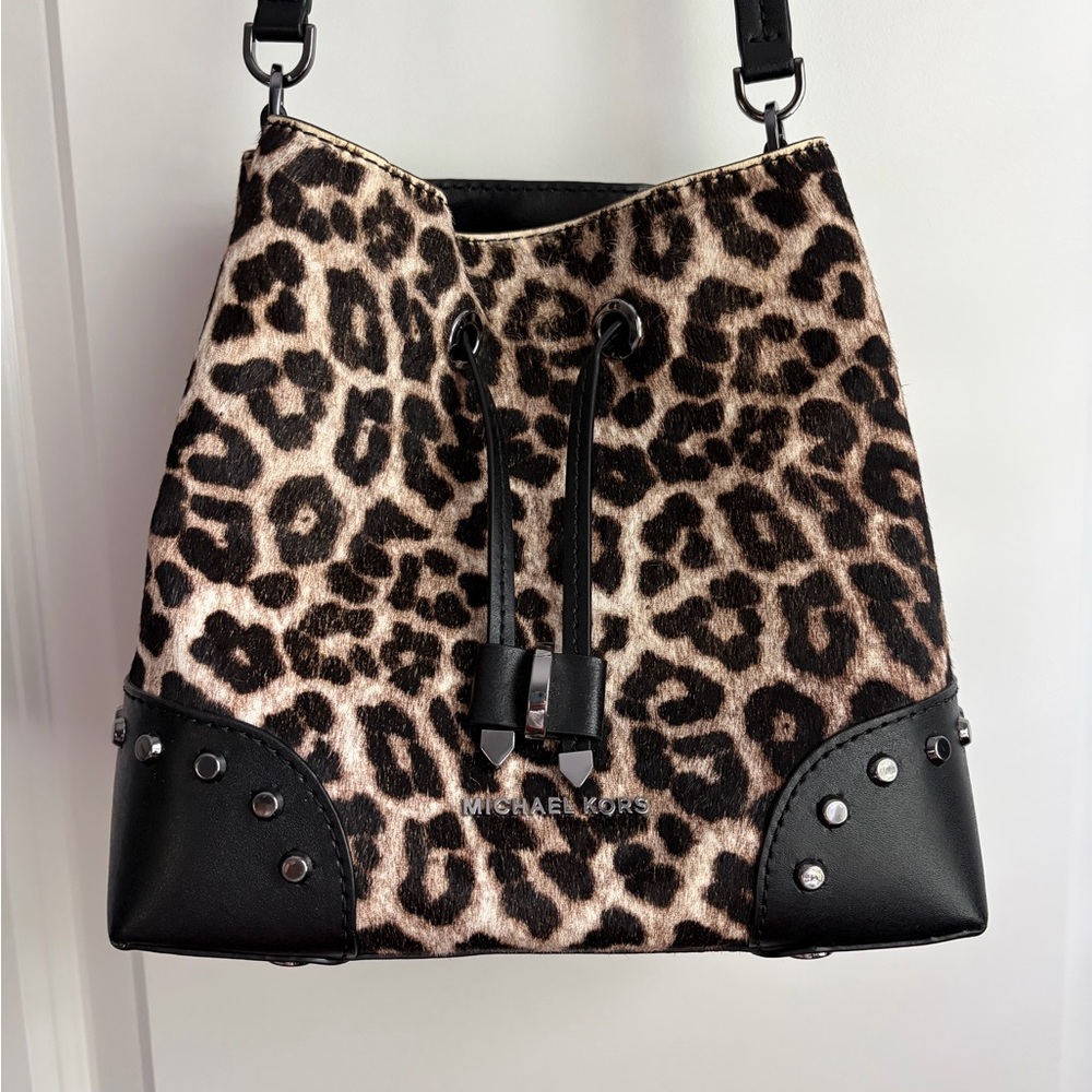 Michael Kors Leopard Print Drawstring Calf Hair Bucket Bag - Black and Brown